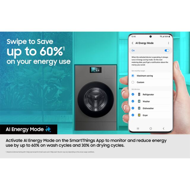 Samsung WD18DB8995BZT1 Series 9 Bespoke Ai All-In-One Washer Dryer, Large Capacity 18Kg/11Kg, Dark Silver