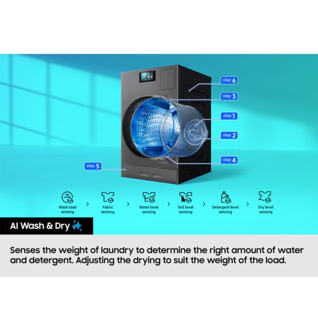 Samsung WD18DB8995BZT1 Series 9 Bespoke Ai All-In-One Washer Dryer, Large Capacity 18Kg/11Kg, Dark Silver
