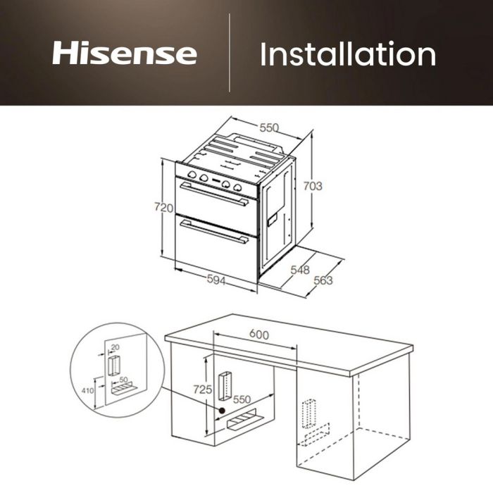 Hisense BUD714221CX 594cm Built Under Electric Double Oven - Black & Stainless Steel