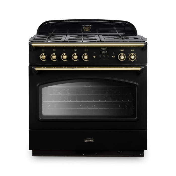 Rangemaster CLAS90FXDFFBL/B Classic FX 90cm Dual Fuel Cooker, Black, Brass Trim