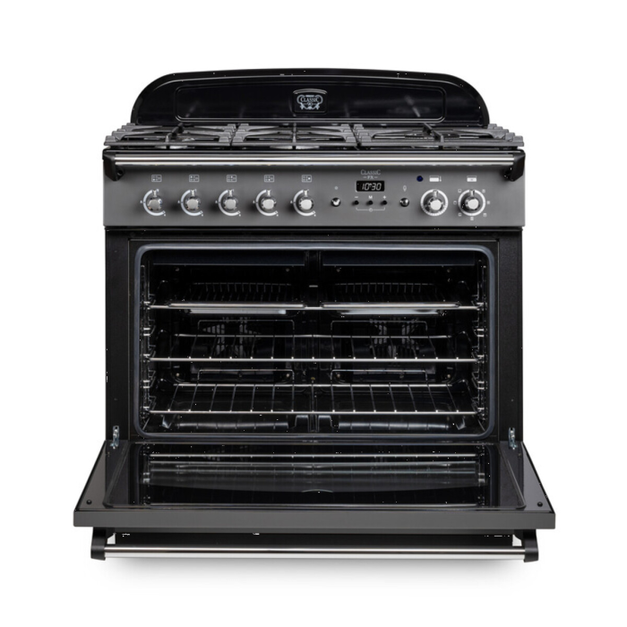Rangemaster CLAS90FXDFFBL/B Classic FX 90cm Dual Fuel Cooker, Black, Brass Trim