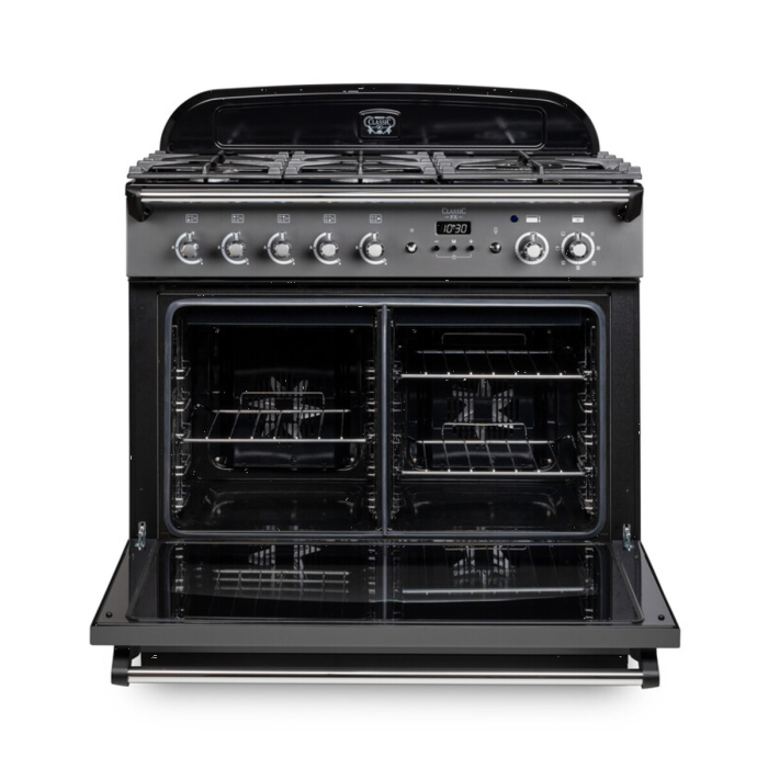 Rangemaster CLAS90FXDFFBL/B Classic FX 90cm Dual Fuel Cooker, Black, Brass Trim