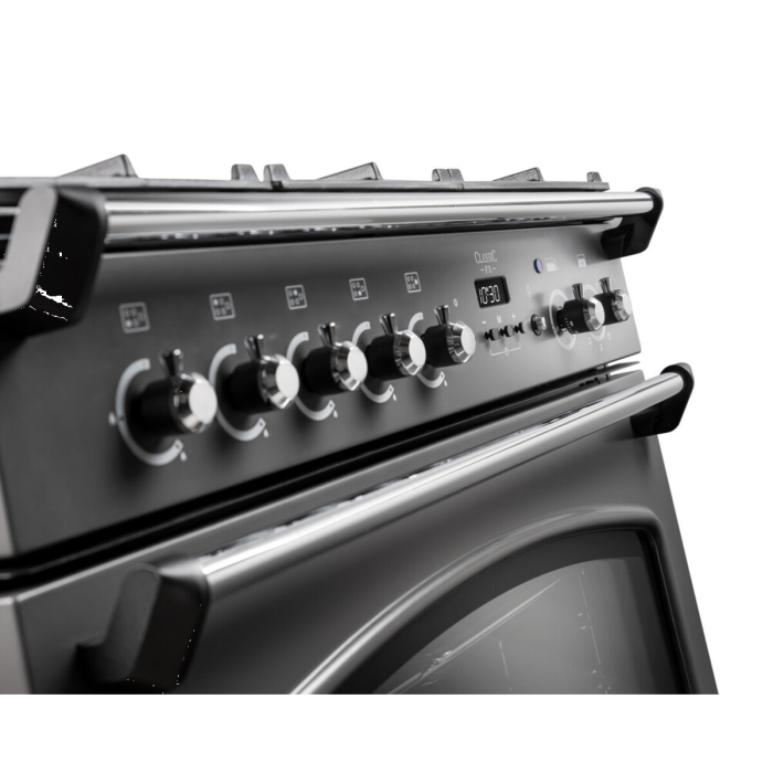 Rangemaster CLAS90FXDFFBL/B Classic FX 90cm Dual Fuel Cooker, Black, Brass Trim