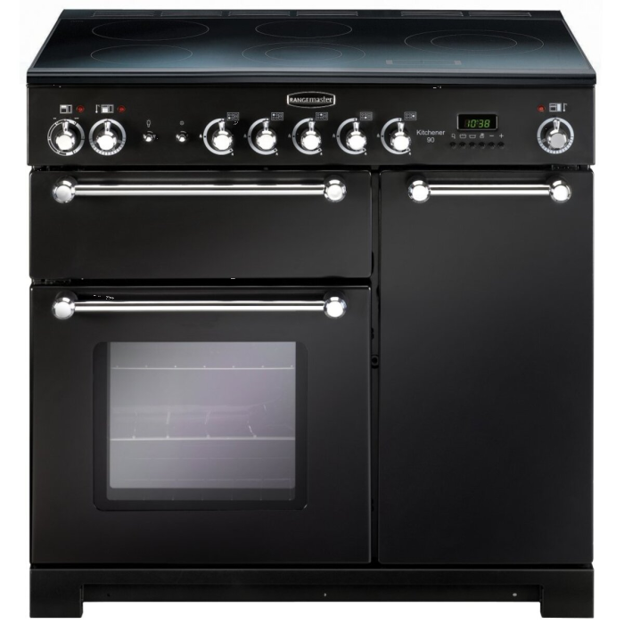 Rangemaster KCH90ECBL/C KITCHENER 90cm Ceramic Range Cooker, Black/Chrome