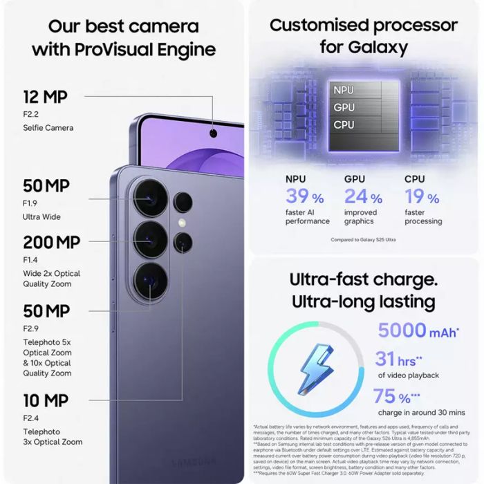 Samsung SM-S948BZVHEUE Galaxy S26 Ultra 6.9inch 5G 12GB//1TB - Cobalt Violet