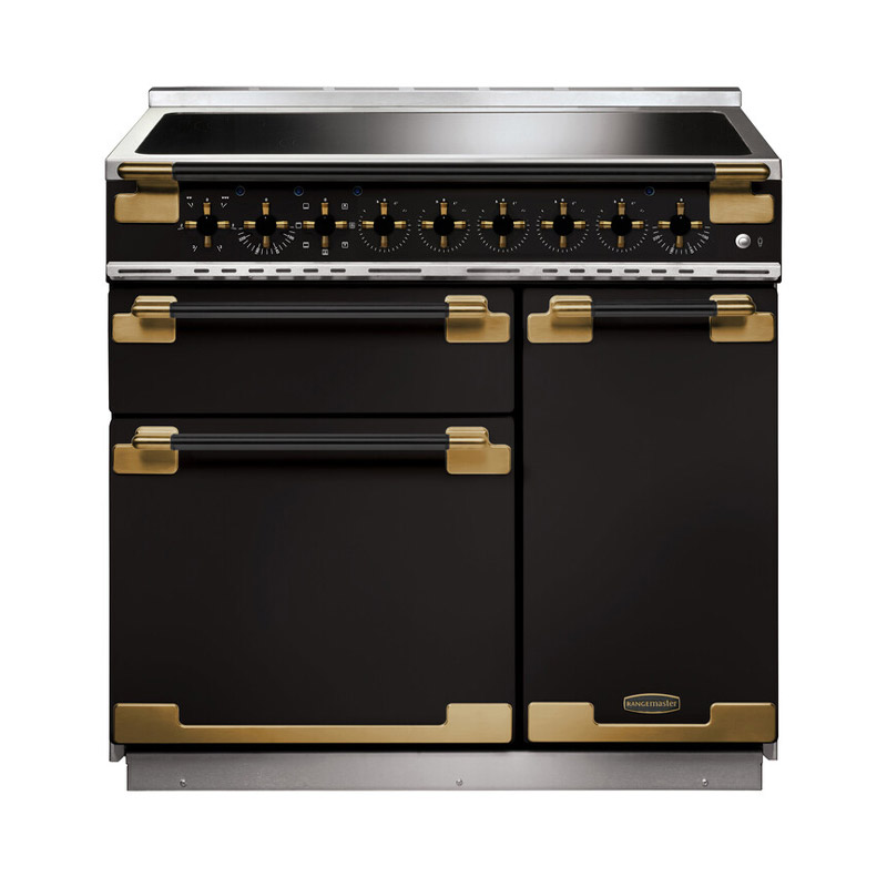 Rangemaster ELS90EIGB/BE ELISE Luxe 90cm Induction Range Cooker, Black, Brass Trim