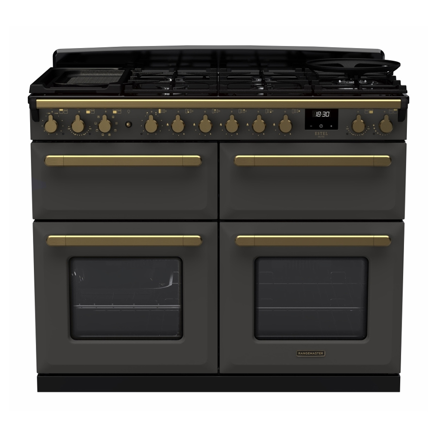 Rangemaster ESDLB110DFPSLT/AB1 Estel Deluxe 110cm BC Dual Fuel Range Cooker, Slate/Antique Brass