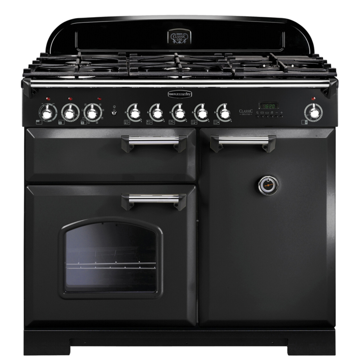 128580 CLASSIC Deluxe 100cm Dual Fuel Range Cooker, Charcoal Black/Chrome Trim