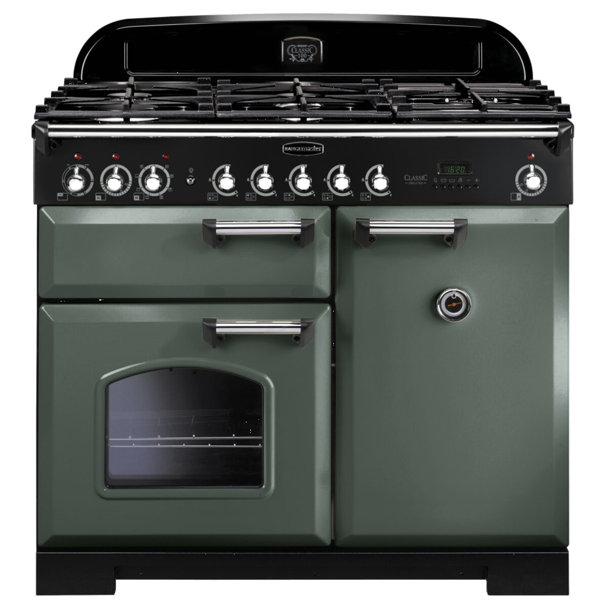 127410 CLASSIC Deluxe 100cm Dual Fuel Range Cooker, Mineral Green/Chrome Trim