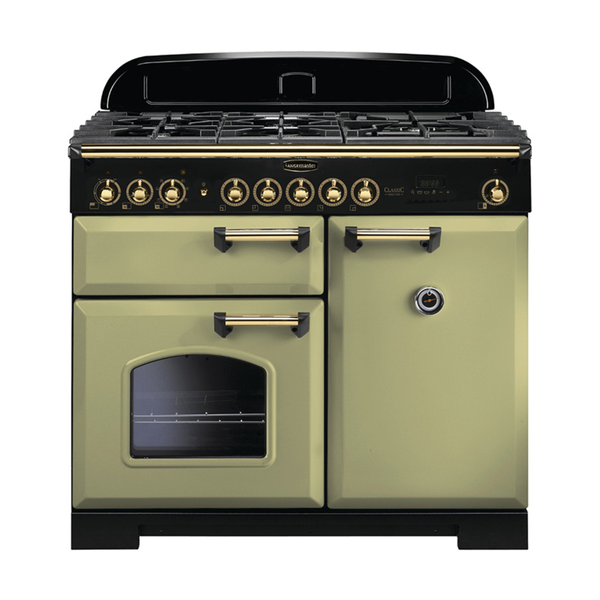 114770 CLASSIC Deluxe 100cm Dual Fuel Range Cooker, Olive Green/Brass Trim