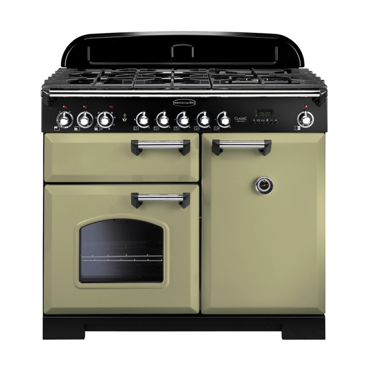 100910 CLASSIC Deluxe 100cm Dual Fuel Range Cooker, Olive Green/Chrome Trim
