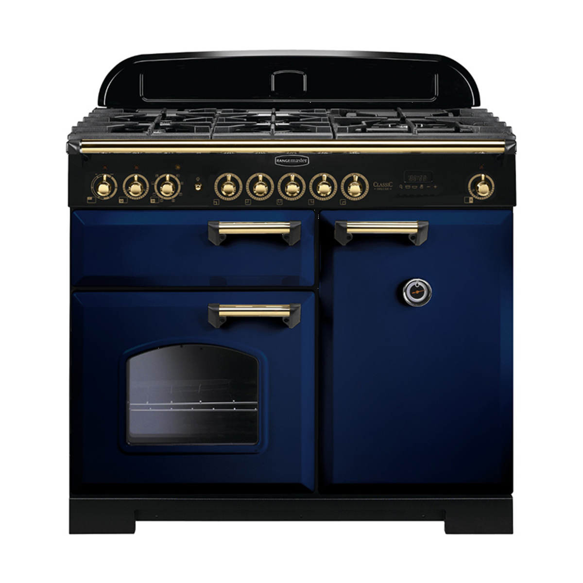 113840 CLASSIC Deluxe 100cm Dual Fuel Range Cooker, Regal Blue/Brass Trim
