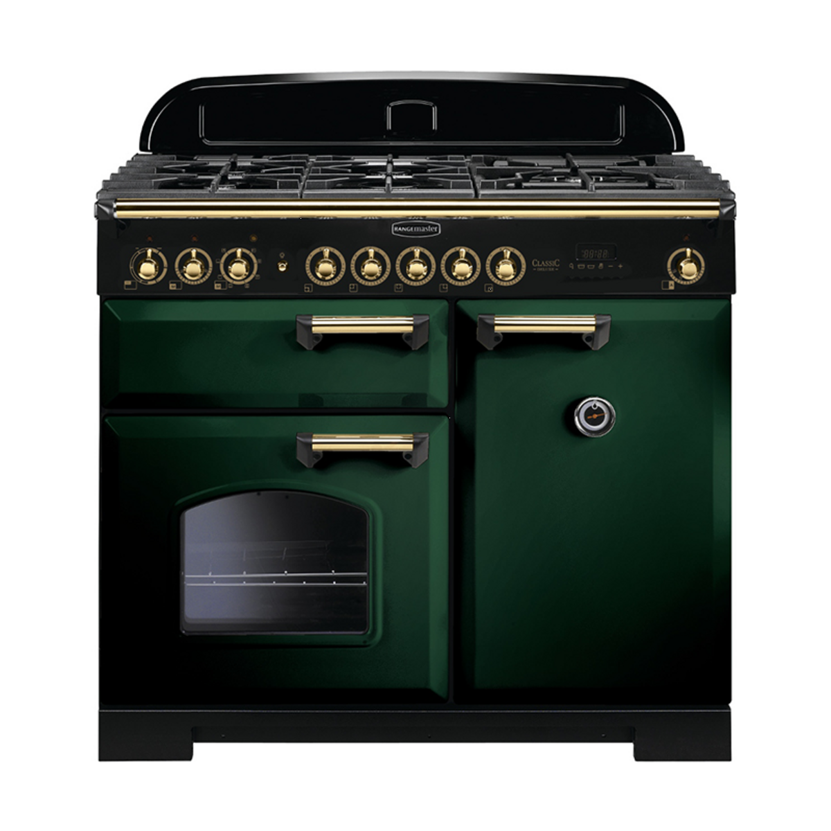 113820 CLASSIC Deluxe 100cm Dual Fuel Range Cooker, Racing Green/Brass Trim