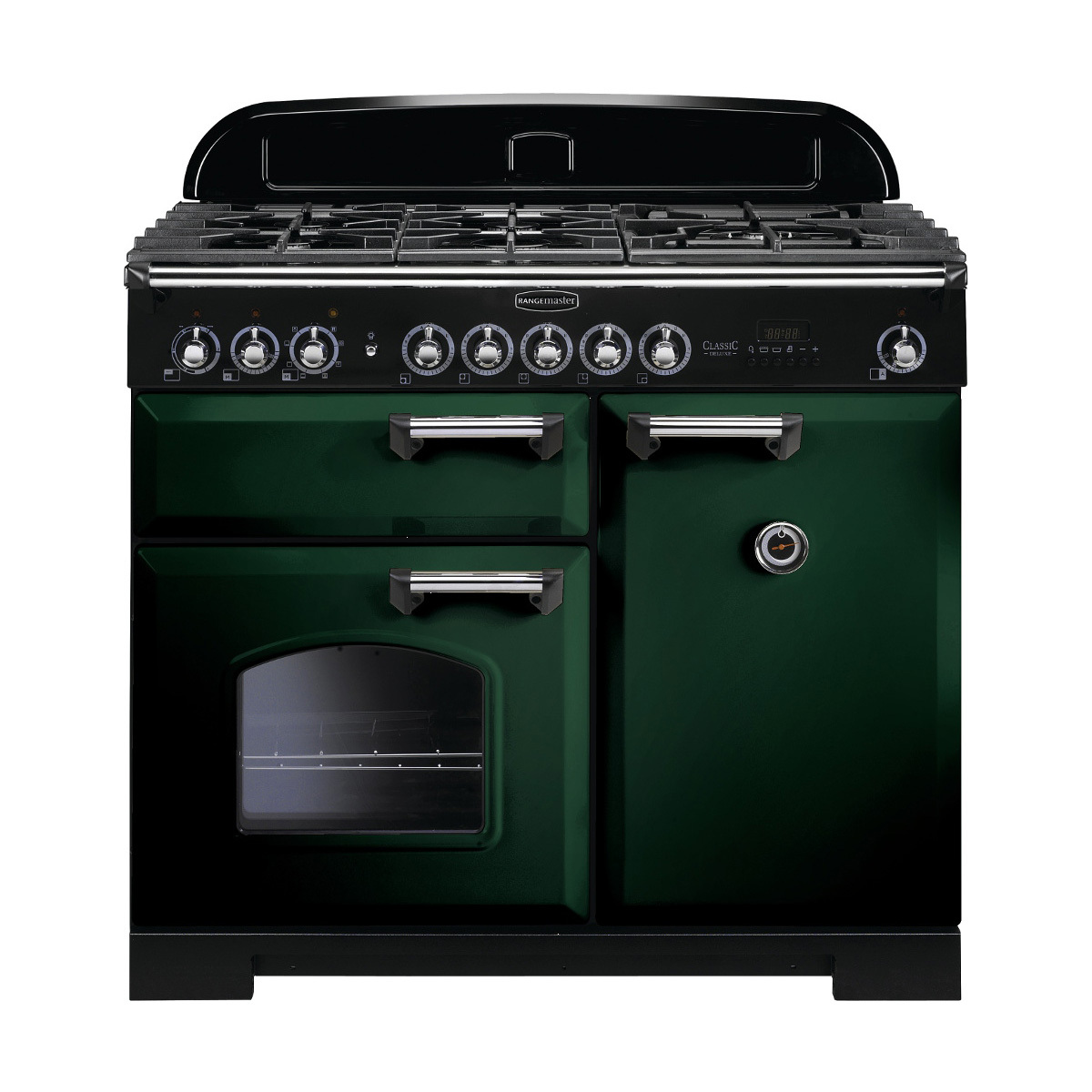 113810 CLASSIC Deluxe 100cm Dual Fuel Range Cooker, Racing Green/Chrome Trim