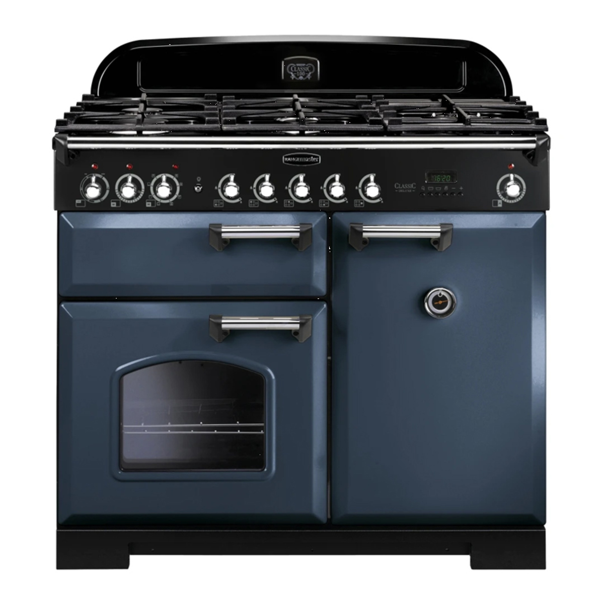 127400 CLASSIC Deluxe 100cm Dual Fuel Range Cooker, Stone Blue/Chrome Trim