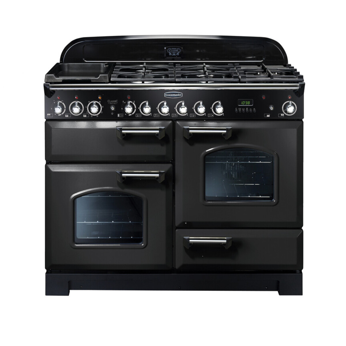 128500 CLASSIC Deluxe 110cm Dual Fuel Range Cooker, Charcoal Black/Chrome Trim