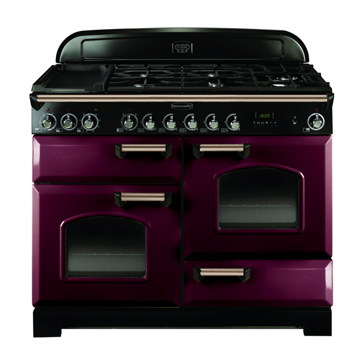 84430 CLASSIC Deluxe 110cm Dual Fuel Range Cooker, Cranberry/Brass Trim