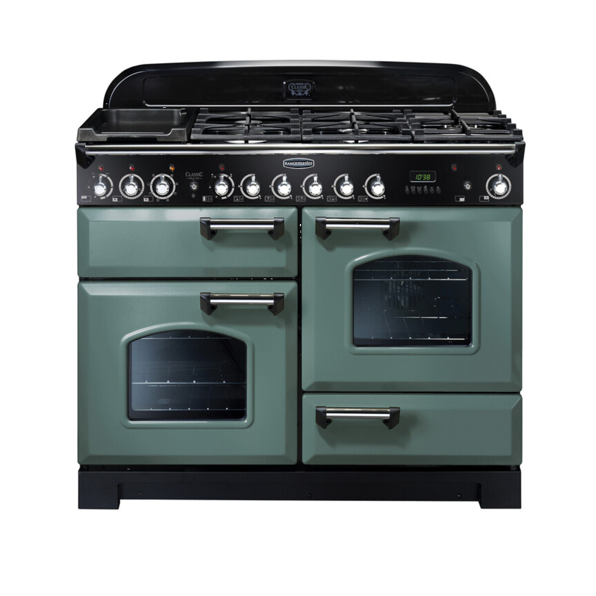 127250 CLASSIC Deluxe 110cm Dual Fuel Range Cooker, Mineral Green/Chrome Trim