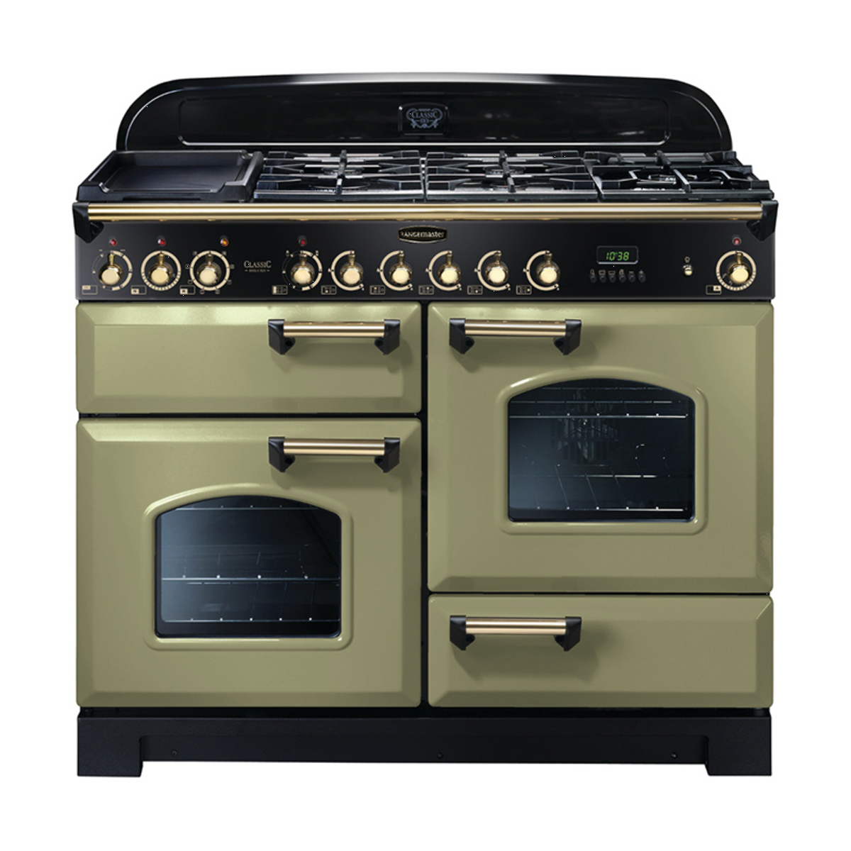 114470 CLASSIC Deluxe 110cm Dual Fuel Range Cooker, Olive Green/Brass Trim