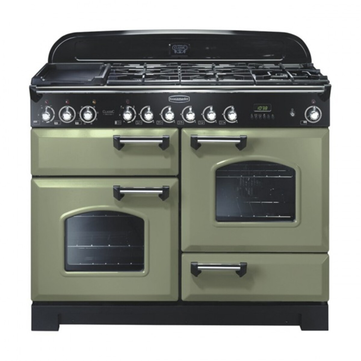 100930 CLASSIC Deluxe 110cm Dual Fuel Range Cooker, Olive Green/Chrome Trim