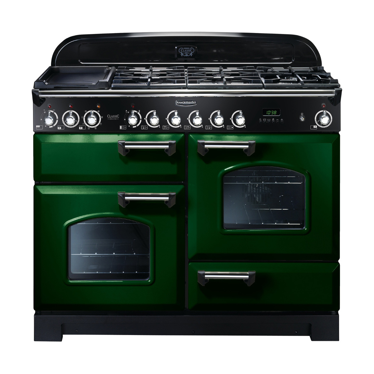 112890 CLASSIC Deluxe 110cm Dual Fuel Range Cooker, Racing Green/Chrome Trim