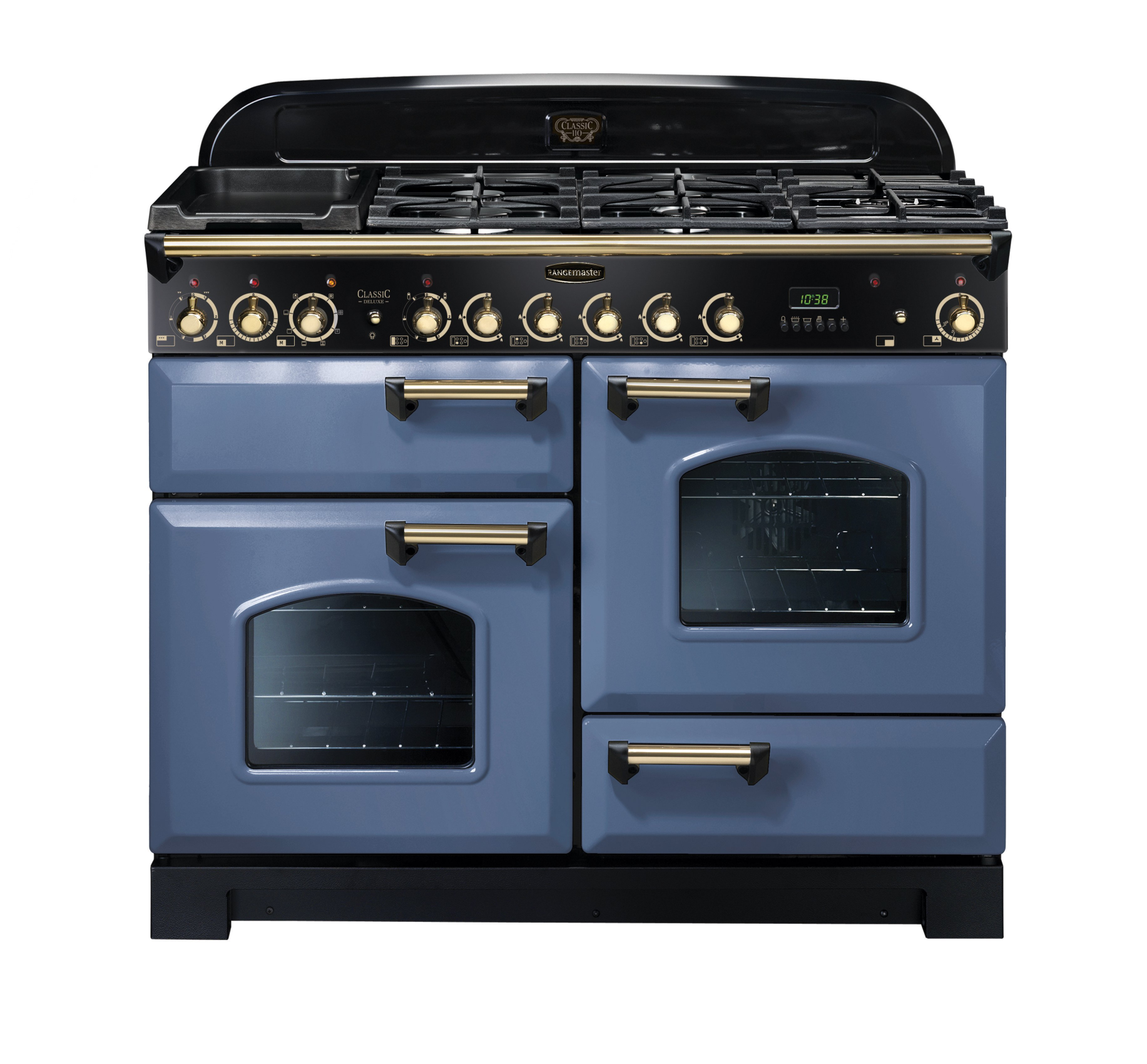 129580 CLASSIC Deluxe 110cm Dual Fuel Range Cooker, Stone Blue/Brass Trim