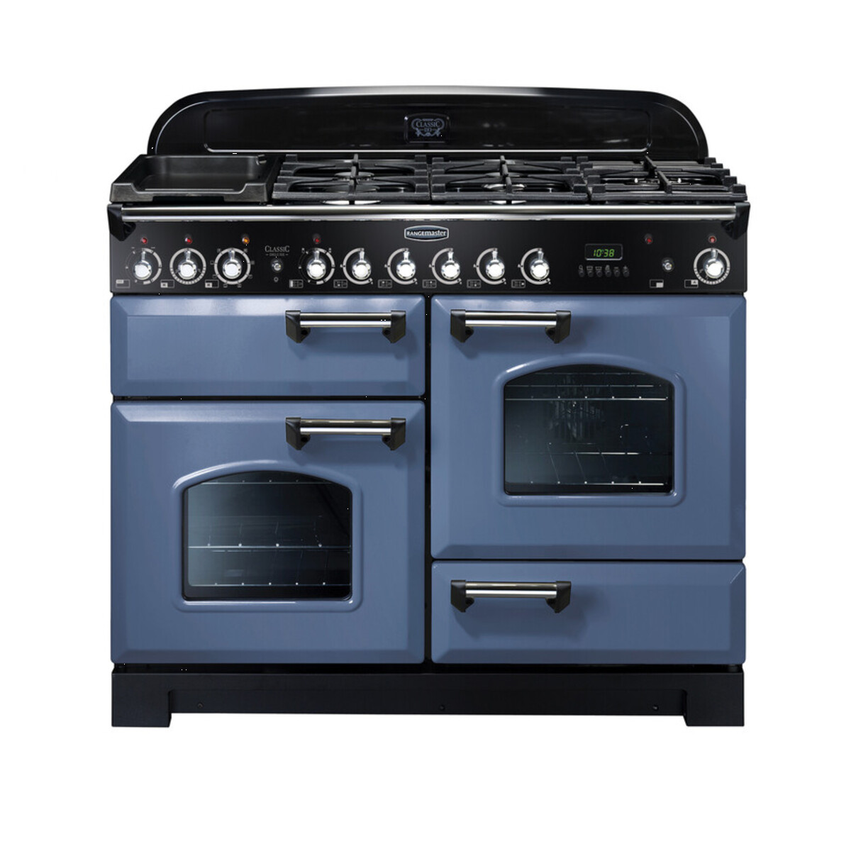 127240 CLASSIC Deluxe 110cm Dual Fuel Range Cooker, Stone Blue/Chrome Trim