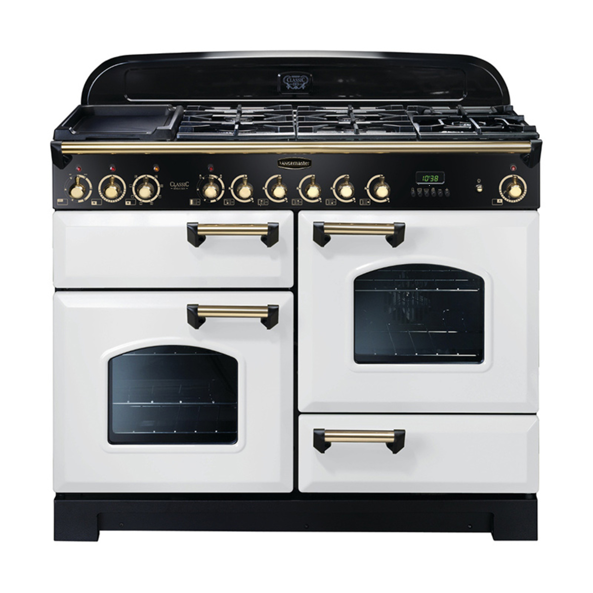 112940 CLASSIC Deluxe 110cm Dual Fuel Range Cooker, White/Brass Trim