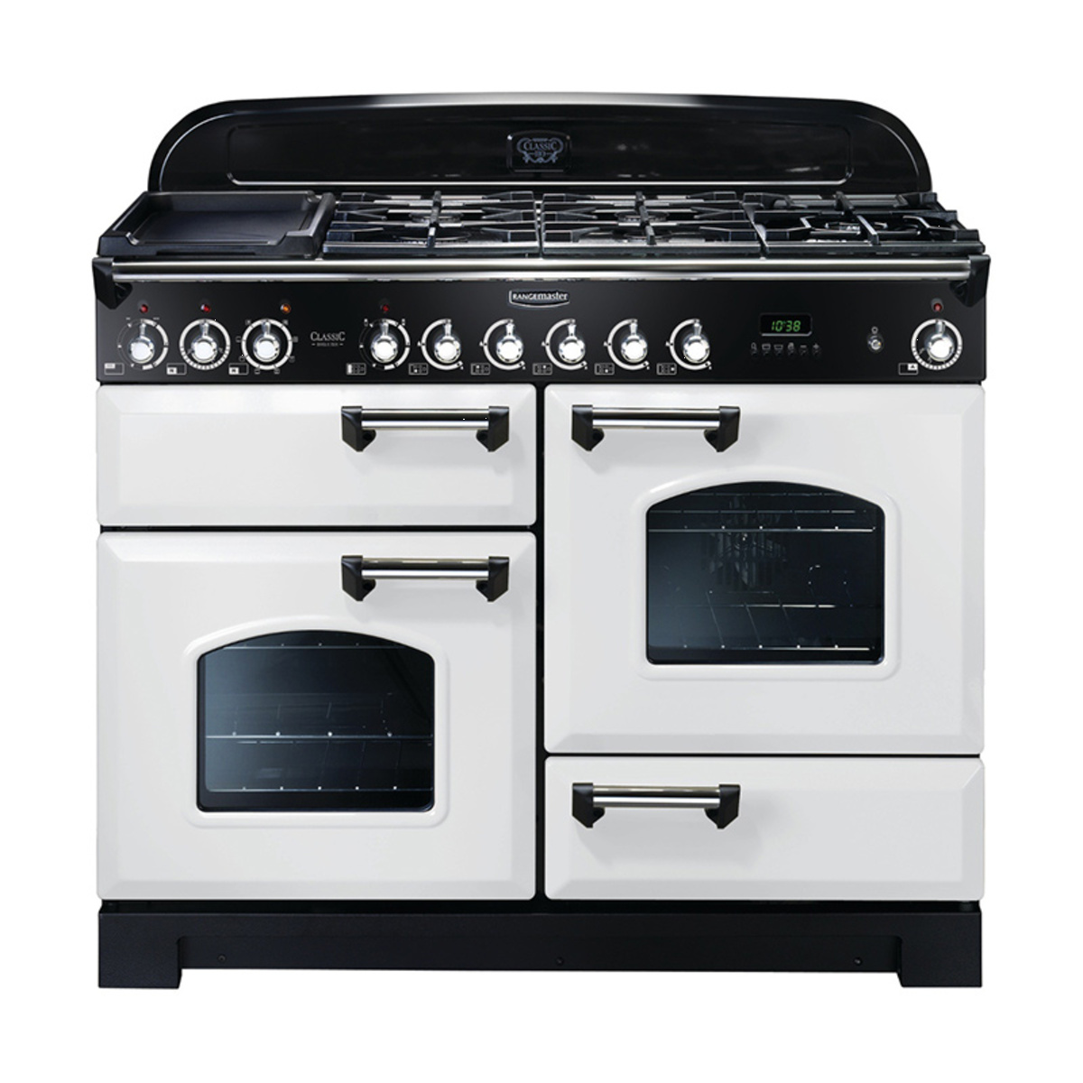 112930 CLASSIC Deluxe 110cm Dual Fuel Range Cooker, White/Chrome Trim