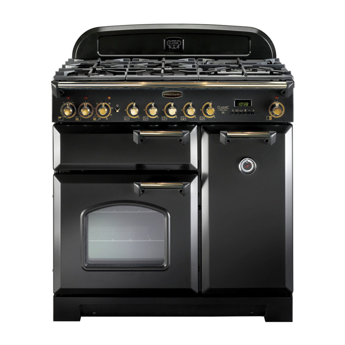 80950 CLASSIC Deluxe 90cm Dual Fuel Range Cooker, Black/Brass Trim