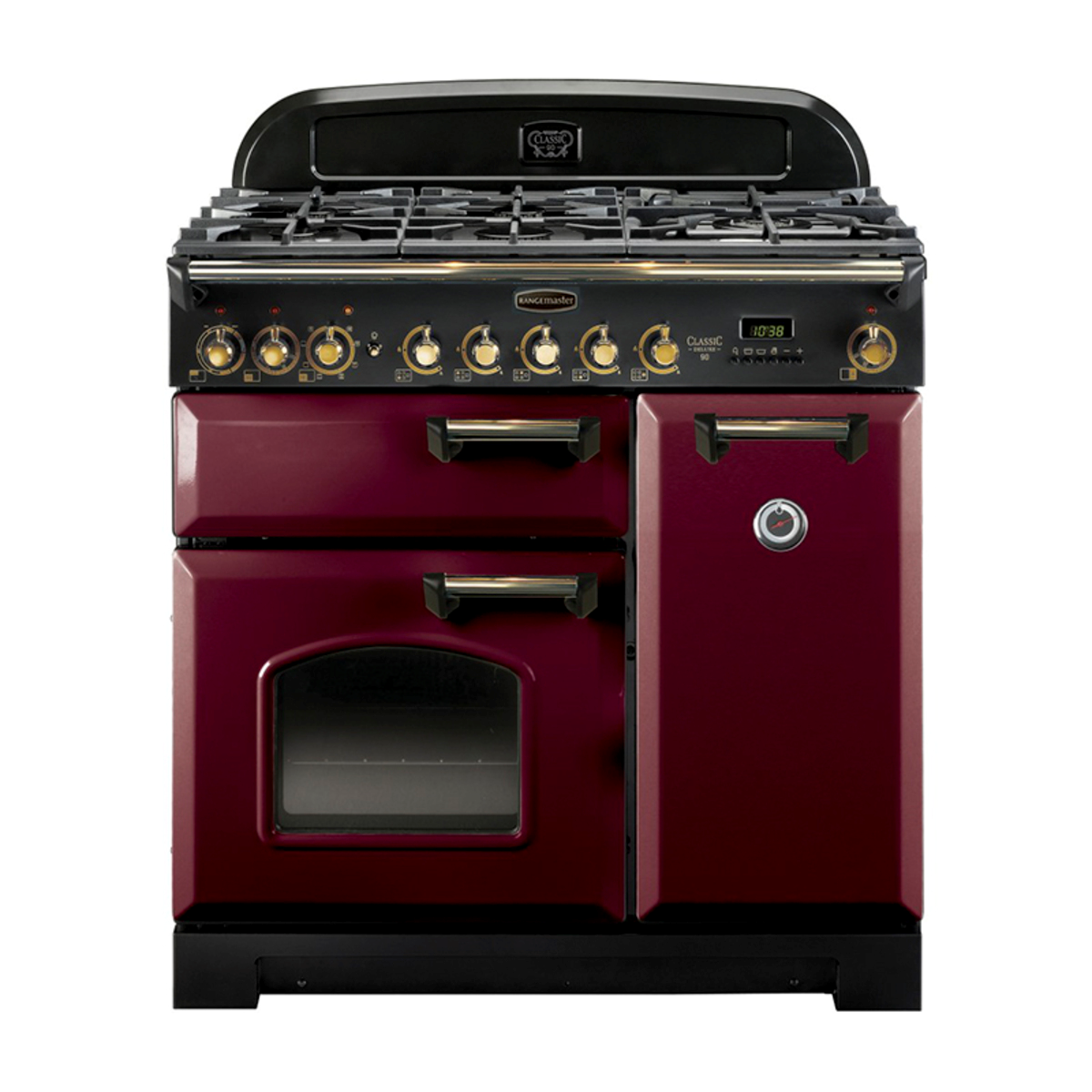 84490 CLASSIC Deluxe 90cm Dual Fuel Range Cooker, Cranberry/Brass Trim