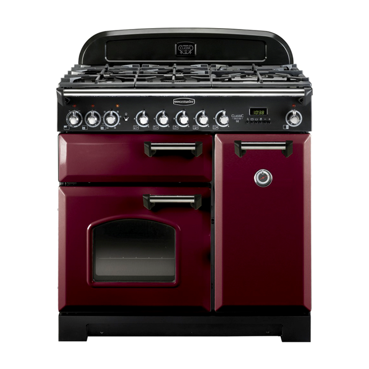 84480 CLASSIC Deluxe 90cm Dual Fuel Range Cooker, Cranberry/Chrome Trim