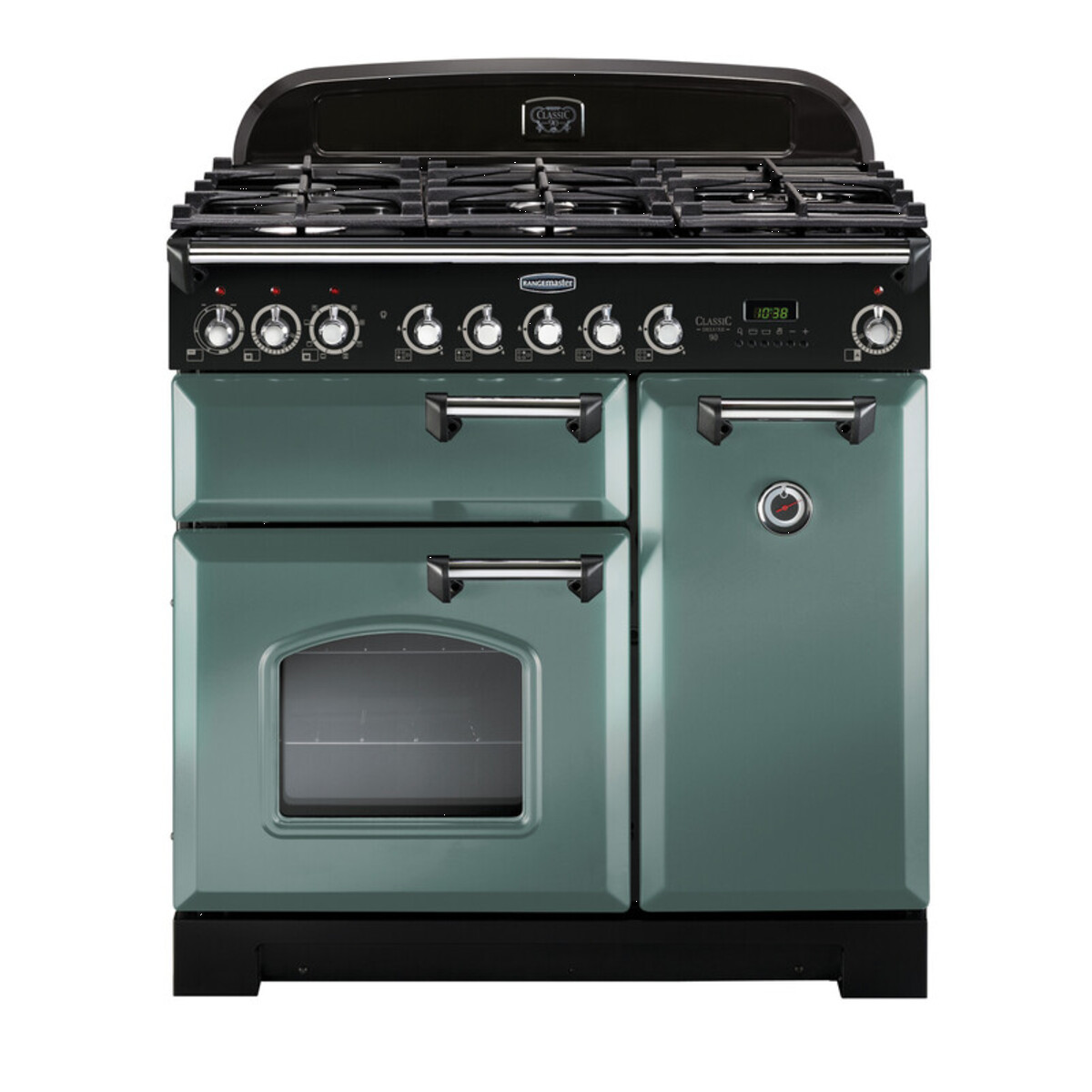 127510 CLASSIC Deluxe 90cm Dual Fuel Range Cooker, Mineral Green/Chrome Trim