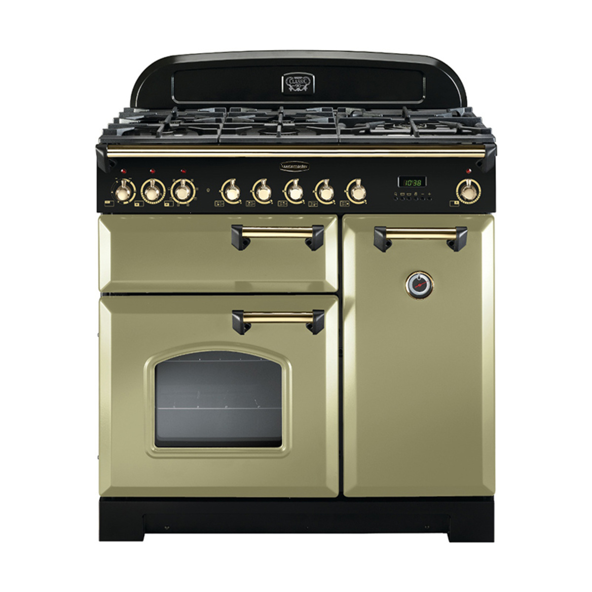 114630 CLASSIC Deluxe 90cm Dual Fuel Range Cooker, Olive Green/Brass Trim