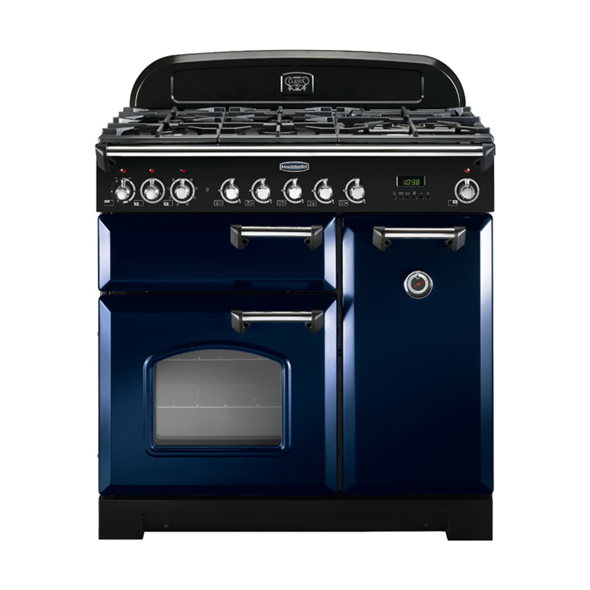113530 CLASSIC Deluxe 90cm Dual Fuel Range Cooker, Regal Blue/Chrome Trim