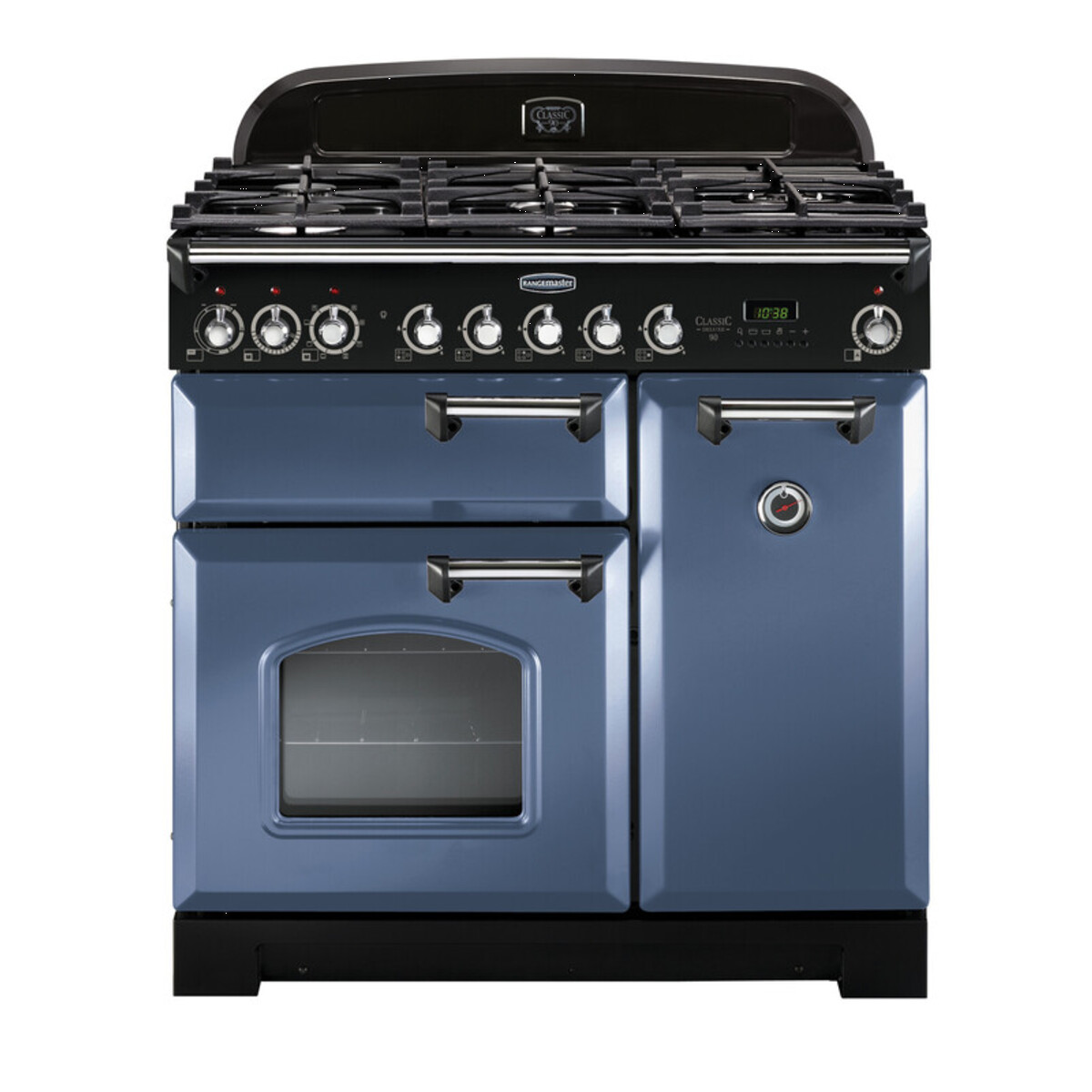 127500 CLASSIC Deluxe 90cm Dual Fuel Range Cooker, Stone Blue/Chrome Trim
