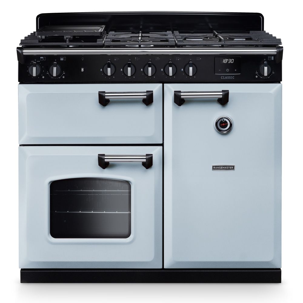 Classic 100cm Dual Fuel Cooker Misty Blue Chrome